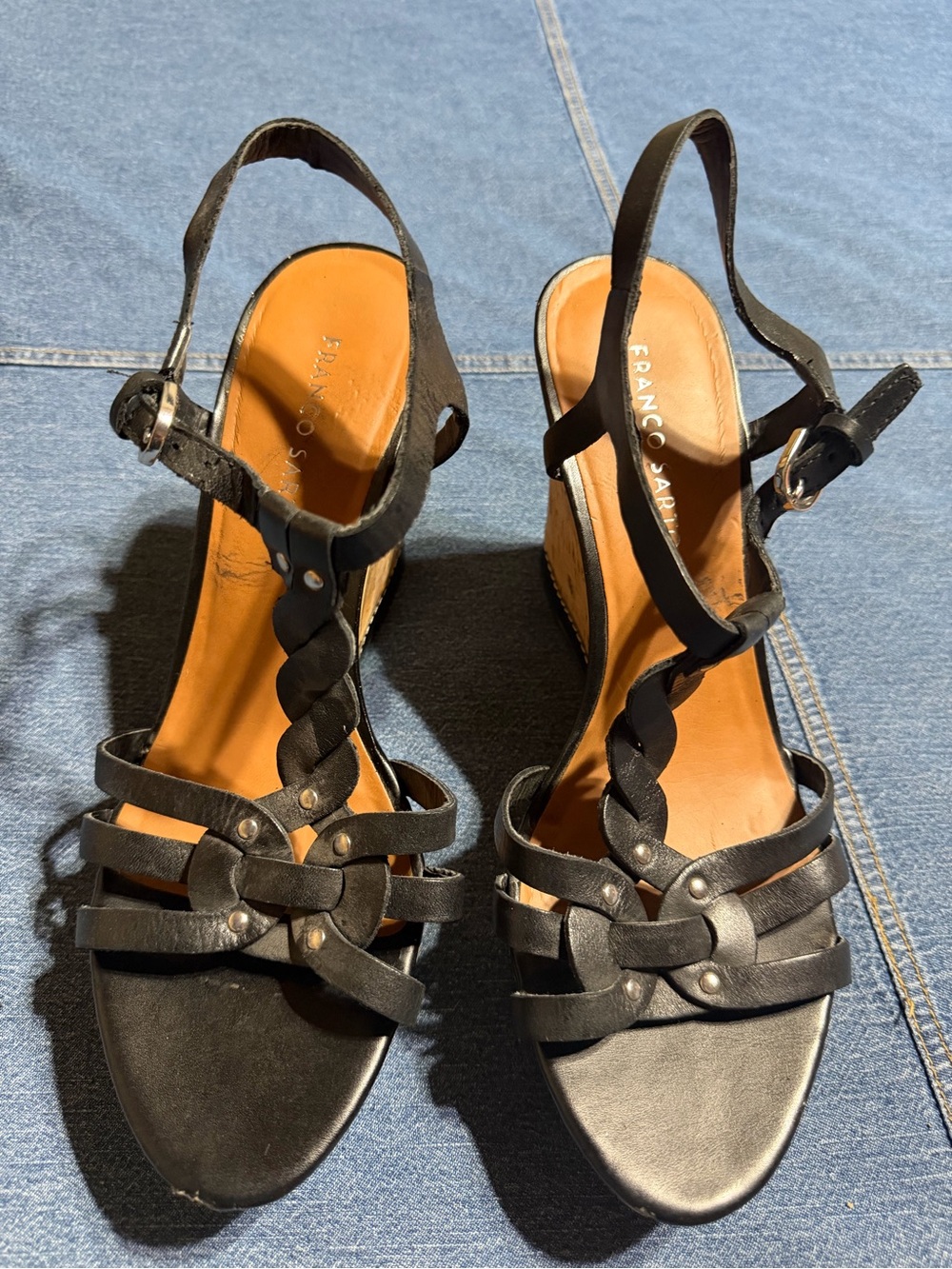Franco Sarto Black Braided Strappy Wedge Sandals